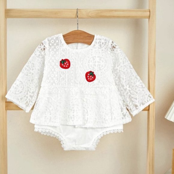 Strawberry White Lace Long Sleeve First Birthday Outfit Clothes Dress Romper - Picture 1 of 9
